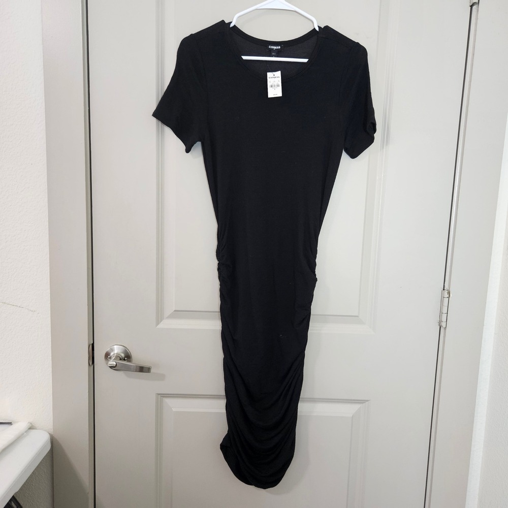 Express Womens Black Short Sleeve Ruched Midi Bodycon Dress Size S NWT NEW